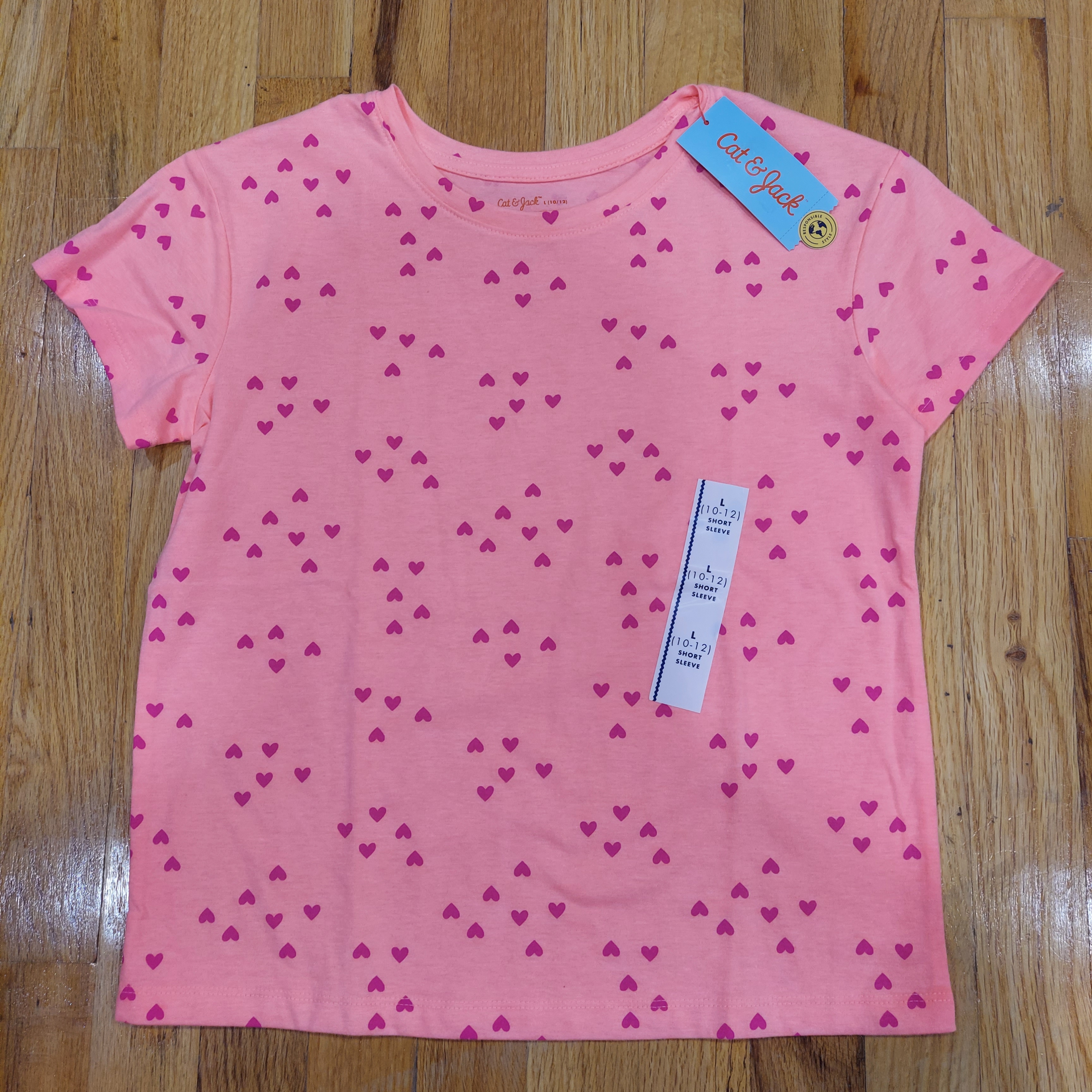 Nwt Cat & Jack Bright Coral Pink Heart Print Girls Tee (Size:L-10/12)
